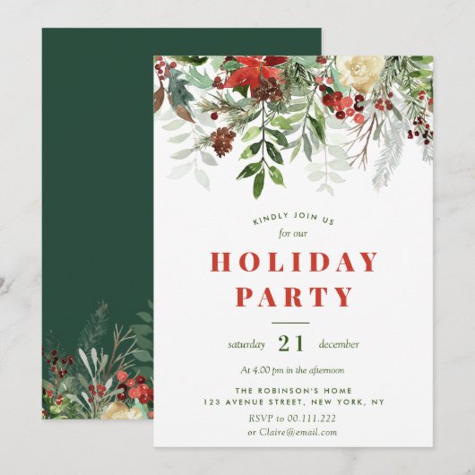 冬の花を飾ったクリスマスホリデーパーティー 招待状 (正面/裏面)