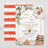 冬の花を飾ったクリスマス ティーパーティー 4歳の誕生日パーティー 招待状 (正面/裏面)