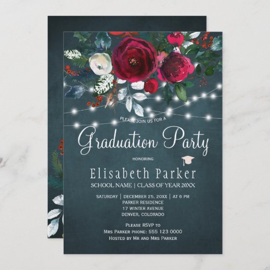冬の花を飾った上品なバーガンディーの卒業パーティー 招待状 (正面/裏面)