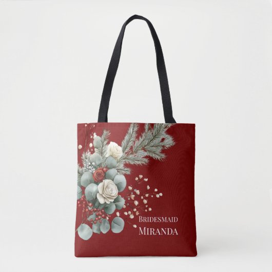 冬の花束 赤と白のバラのウェディング ブライドメイド トートバッグ (正面)