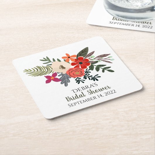 冬の花束 赤 紫のブーケ  ブライズシャワー スクエアペーパーコースター (アングル)