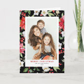 冬の花柄ブラックメリークリスマスフォト シーズンカード (正面)