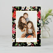 冬の花柄ブラックメリークリスマスフォト 箔シーズンカード (立ち正面)