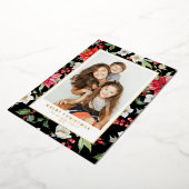 冬の花柄ブラックメリークリスマスフォト 箔シーズンカード (回転した状態)