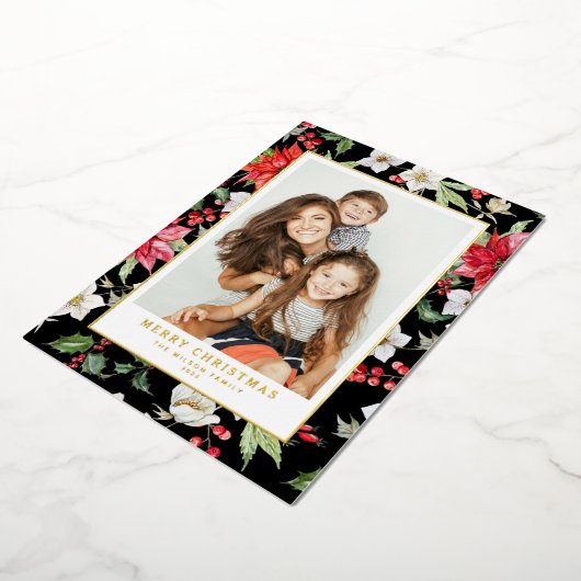 冬の花柄ブラックメリークリスマスフォト 箔シーズンカード (回転した状態)