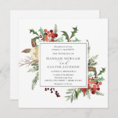 冬の花模様とエバ結婚グリーン 招待状 (正面/裏面)