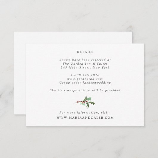 冬の花模様とエバ結婚ーグリーンの詳細カード 招待状 (正面/裏面)