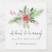 冬の花模様食べドリンクビーネームハッピーホリデー ワインラベル (シングルラベル)