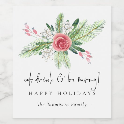 冬の花模様食べドリンクビーネームハッピーホリデー ワインラベル (シングルラベル)