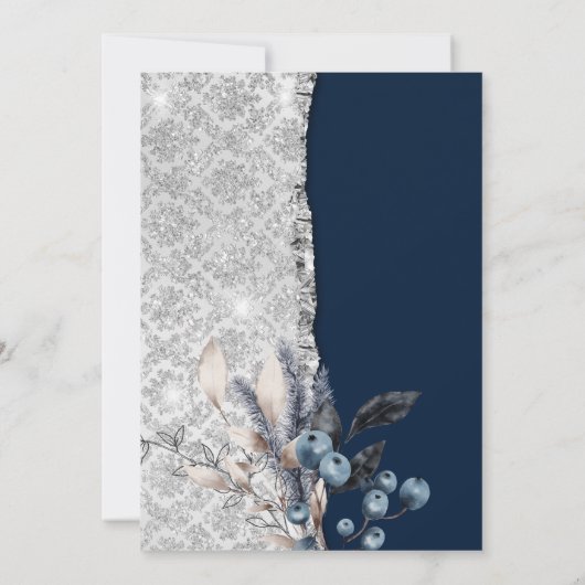 冬の花、ガラス真珠ネイビーブルーキンセアニェラ 招待状 (裏面)