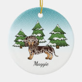 冬の茶色とタンのリンゴ短い髪のダックスシュント セラミックオーナメント (正面)