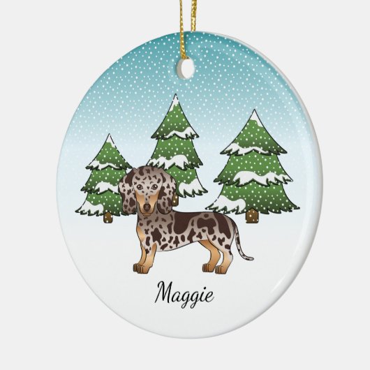冬の茶色とタンのリンゴ短い髪のダックスシュント セラミックオーナメント (左)