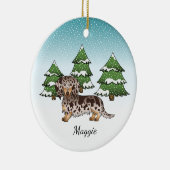 冬の茶色とタンのリンゴ長い髪のダックスシュント セラミックオーナメント (右)