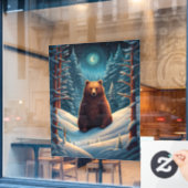 冬の茶色のクマの窓にしがみつく ウィンドウサイン (カフェ窓)