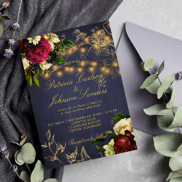 冬の落ち着いた光 花のネイビー バーガンディー ウェディング 招待状