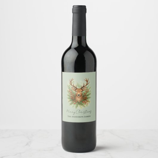 冬の葉とともに描かれた荒々しい森の鹿の頭 - ワインラベル (正面)