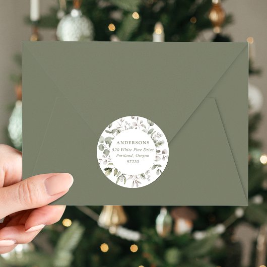 冬の葉とスノーベリー差出人住所 ラウンドシール
