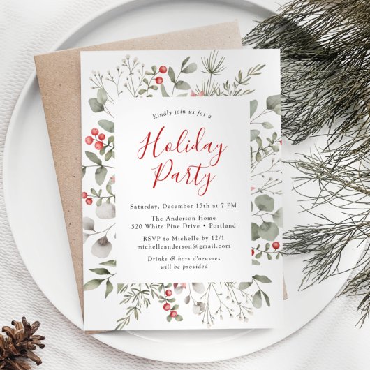 冬の葉とヒイラギの実のホリデーパーティー 招待状