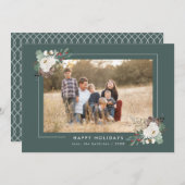 冬の葉と花模様セージ緑のフォトフレーム シーズンカード (正面/裏面)