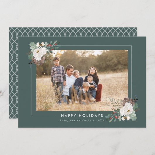 冬の葉と花模様セージ緑のフォトフレーム シーズンカード (正面/裏面)