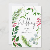 冬の葉のスクリプトの結婚クリスマス 招待状 (正面)