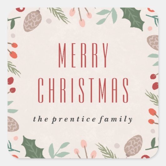 冬の葉のステッカー – ベージュ スクエアシール (正面)