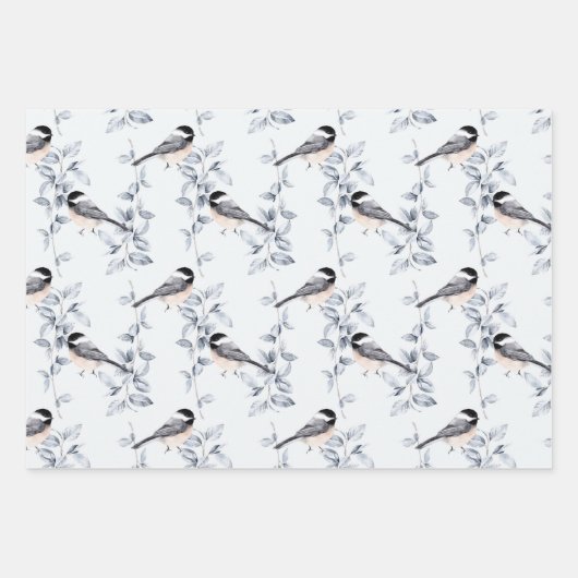 冬の葉のスノーフレークの鳥の灰色の青のパターン ラッピングペーパーシート (正面2)