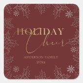 冬の葉のホリデーシーズン おしゃれな赤と金のイニシャル スクエアシール (正面)