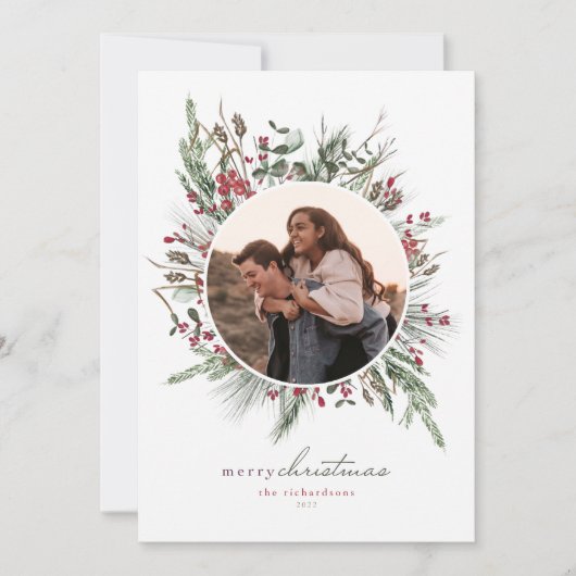 冬の葉のリースクリスマスフォトカード シーズンカード (正面)