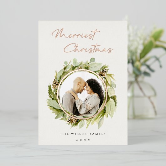 冬の葉のリースメリー写真クリスマス 箔シーズンカード (立ち正面)