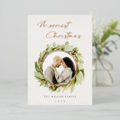 冬の葉のリース　最も楽しいクリスマスの写真 箔シーズンカード (立ち正面)