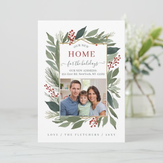 冬の葉の新しい家のための休日の写真の移動 シーズンカード (スタンド正面)