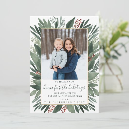 冬の葉の新しい家のための休日の写真の移動 シーズンカード (スタンド正面)