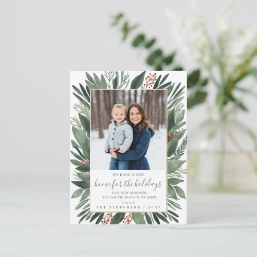 冬の葉の新しい家のための休日の写真の移動 シーズンポストカード (スタンド正面)
