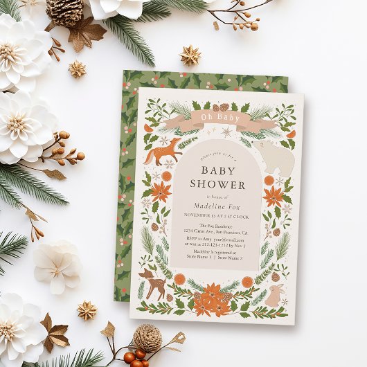 冬の葉の森の動物ベビーシャワー 招待状