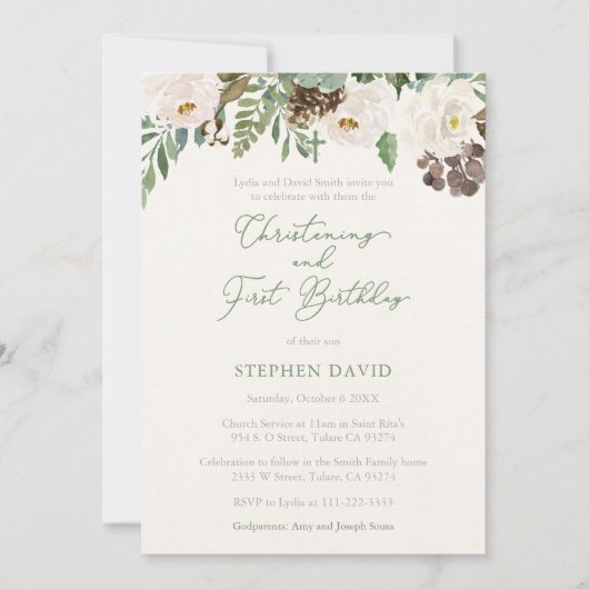 冬の葉の男の子《キリスト教》洗礼式や命名式1st誕生日パーティー 招待状 (正面)