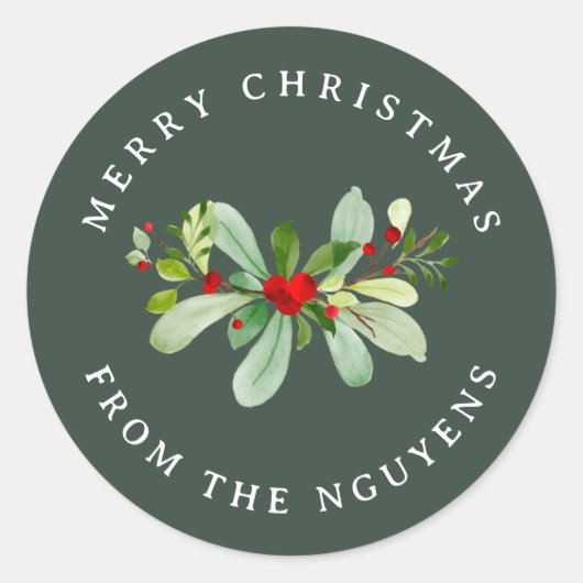 冬の葉の緑のメリークリスマスと家族の名前 ラウンドシール (正面)