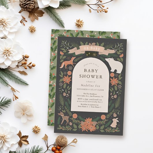 冬の葉ウッドランド動物海軍ベビーシャワー 招待状