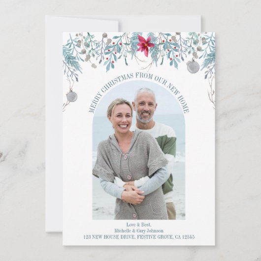 冬の葉エレガントアーチ写真クリスマス移動 案内状 (正面)