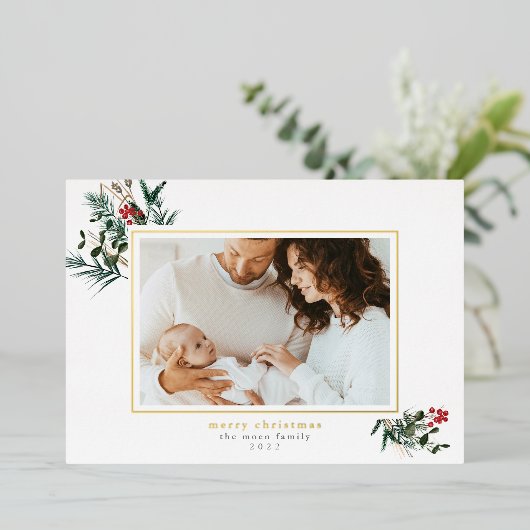 冬の葉フォイルフレームクリスマスフォトカード 箔シーズンカード (立ち正面)