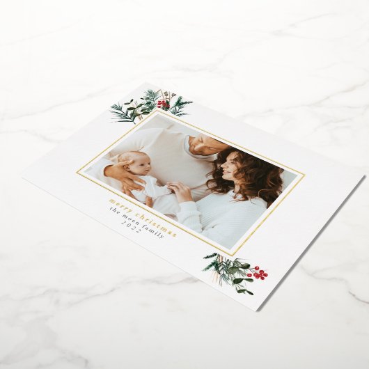 冬の葉フォイルフレームクリスマスフォトカード 箔シーズンカード (回転した状態)
