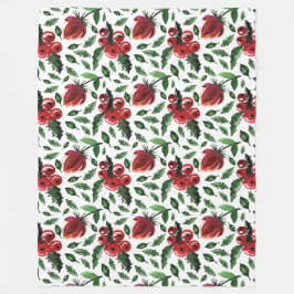 冬の葉ホリーベリーボタニカル フリースブランケット