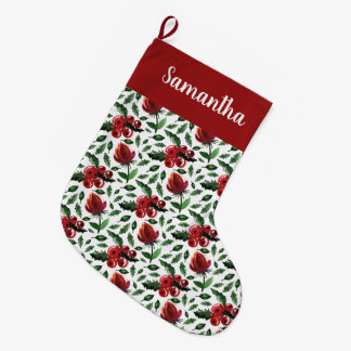 冬の葉ホリーベリーボタニカル ラージクリスマスストッキング