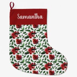 冬の葉ホリーベリーボタニカル ラージクリスマスストッキング