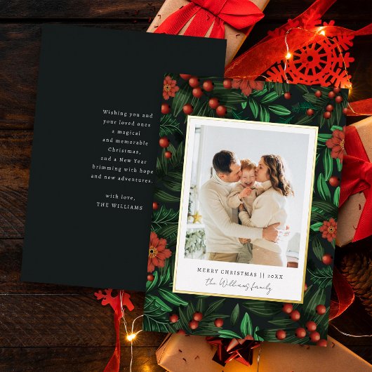 冬の葉ホリーベリー陽気なクリスマスフォト 箔シーズンカード