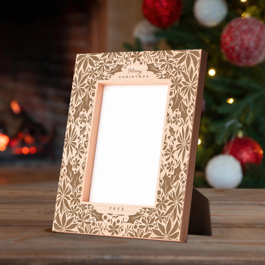 冬の葉ポインセチアとホリークリスマス レーザー彫刻フレーム