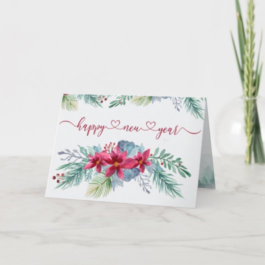 冬の葉ポインセチアの水彩の新年 シーズンカード (正面)