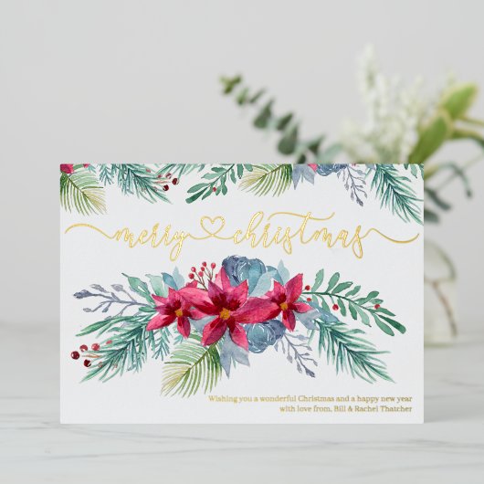 冬の葉ポインセチア水の色ガーランド金ゴールド 箔シーズンカード (立ち正面)