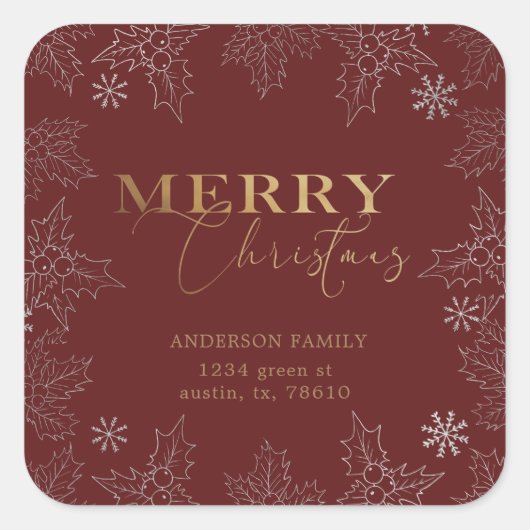 冬の葉メリークリスマス差出人住所 スクエアシール (正面)