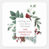 冬の葉レッド（鳥）ショウジョウコウカンチョウカスタムメリークリスマス スクエアシール (正面)
